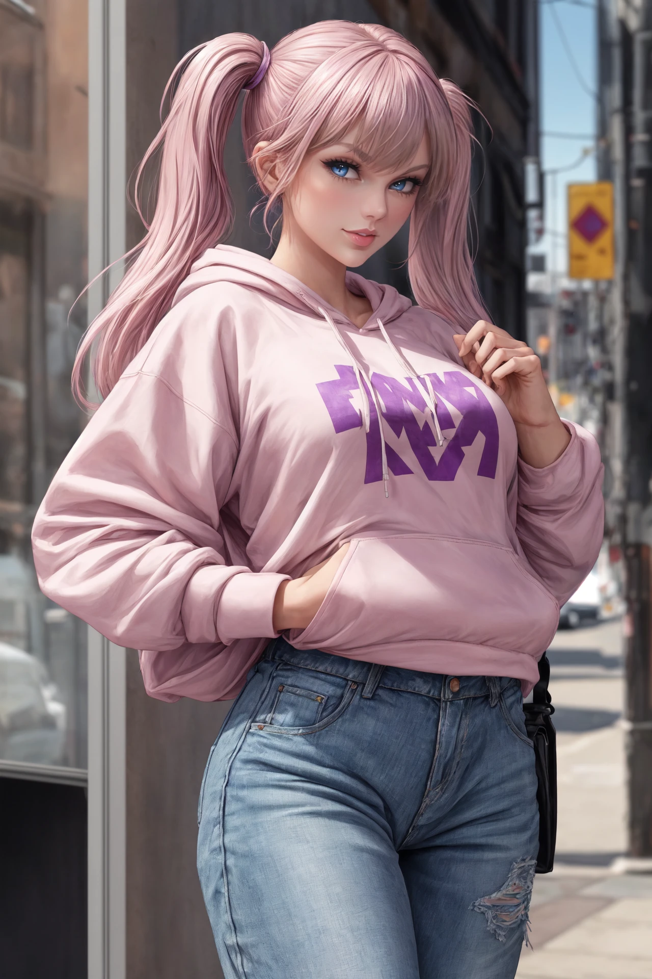 a stunning photorealistic full-body image of (Taylor Swift:0.8) with (full long pink-purple hair messy twintails), wearing (baggy:1.2) hoody sweatshirt and jeans, thicc thighs, (happy, smiling:0.6), cool colors, soft light, intricate details, morning, clear glossy eyes, (masterpiece, best quality), toned legs, ultra high quality, flawless fingers, ultra detailed skin, (skin imperfections:0.6), soft light, accurate fingers, detailed hands, sharp focus, cozy, perfect anatomy <lora:add_detail:0.8>