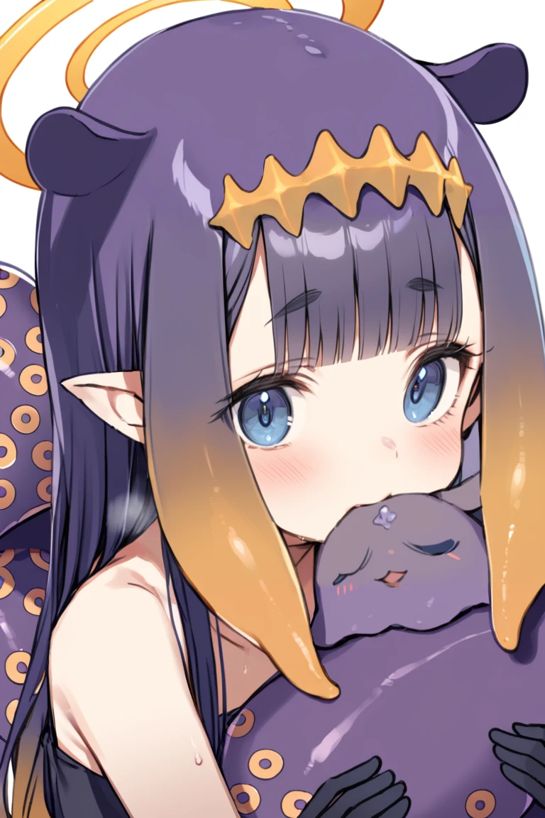 1girl, virtual youtuber, long hair, sidelocks, takodachi (ninomae ina'nis), gradient hair, blunt bangs, multicolored hair, pointy ears, tentacle hair, orange hair, purple hair, white background, fang, looking at viewer, simple background, black gloves, blush, blue eyes, tentacles, holding, food, bare shoulders, halo, mouth hold, sweat, mole under eye<lora:EMS-309124-EMS:0.900000>