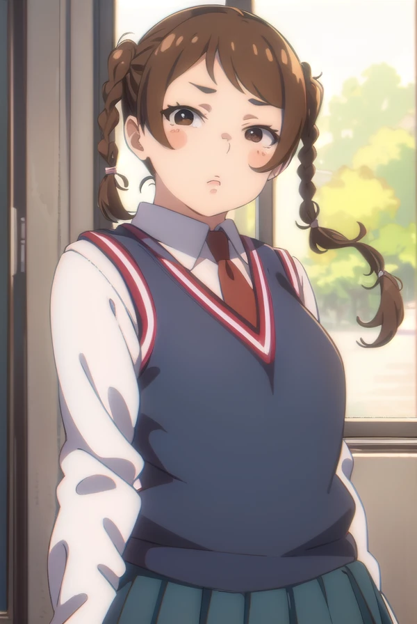 manmotoyama, <lora:man motoyama movie2-lora-nochekaiser:1>,
man motoyama, brown hair, braid, twin braids, fat, (brown eyes:1.5), blush, blush sticker,
BREAK skirt, school uniform, pleated skirt, necktie, miniskirt, red necktie, vest, sweater vest, blue sweater vest,
BREAK indoors, classroom,
BREAK looking at viewer, (cowboy shot:1.5), dynamic pose,
BREAK <lyco:GoodHands-beta2:1>, (masterpiece:1.2), best quality, high resolution, unity 8k wallpaper, (illustration:0.8), (beautiful detailed eyes:1.6), extremely detailed face, perfect lighting, extremely detailed CG, (perfect hands, perfect anatomy),