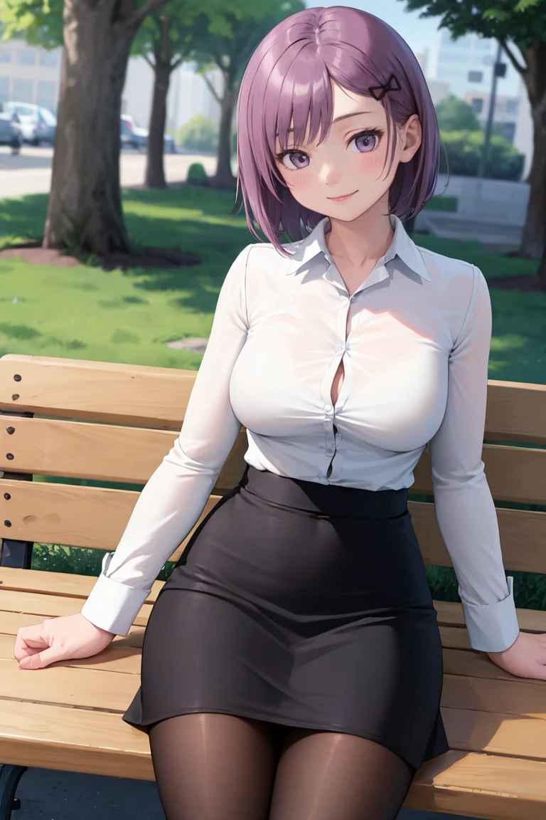 masterpiece, best quality, absurdres, 1girl, solo, JunkoKaname, short hair, hair ornament, office lady, dress shirt, white shirt, collared shirt, pencil skirt, black skirt, pantyhose, sitting, outdoors, bench, park scene, smile, <lora:CHAR-JunkoKaname:1>