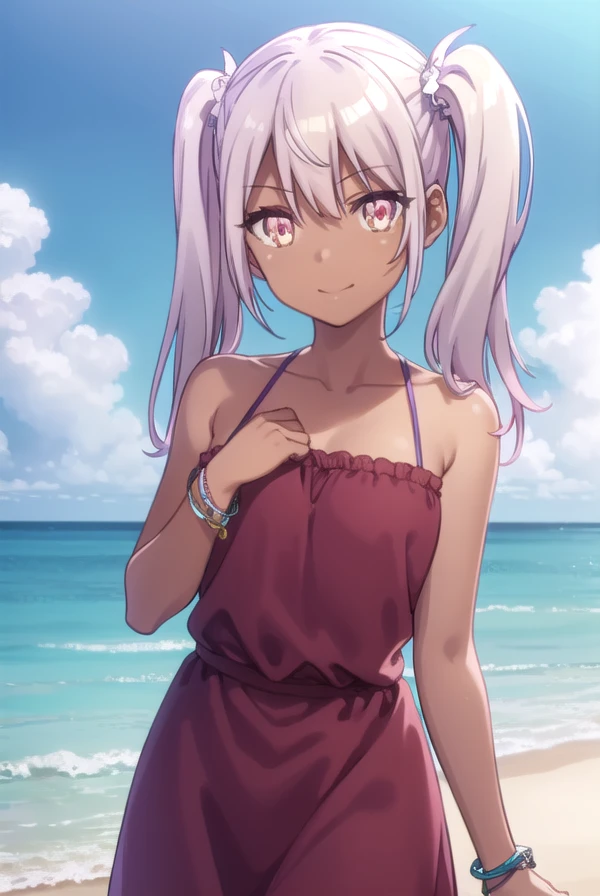 chloevoneinzbern, <lora:chloe von einzbern s2s3-lora-nochekaiser:1>,
chloe von einzbern, long hair, hair between eyes, (yellow eyes:1.3), pink hair, dark skin, dark-skinned female, twintails, smile,
BREAK dress, bare shoulders, collarbone, bracelet, halterneck, purple dress,
BREAK outdoors, beach,
BREAK looking at viewer, (cowboy shot:1.5),
BREAK <lyco:GoodHands-beta2:1>, (masterpiece:1.2), best quality, high resolution, unity 8k wallpaper, (illustration:0.8), (beautiful detailed eyes:1.6), extremely detailed face, perfect lighting, extremely detailed CG, (perfect hands, perfect anatomy),