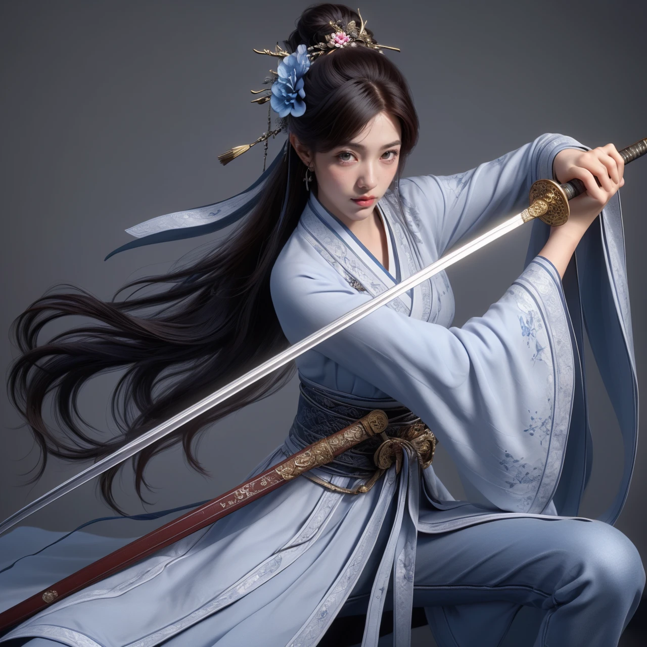 nvjianke,1girl,weapon,solo,holding,sword,hair ornament,holding weapon,tassel,sash,long hair,white background,jewelry,holding sword,sheath,wide sleeves,brown eyes,long sleeves,earrings,flower,brown hair,simple background,unsheathing,looking away,closed mouth,hair flower,looking to the side,hair stick,bangs,cowboy shot,lips,single hair bun,hair bun,obi,fighting stance,floating hair,blue flower,
Best quality,masterpiece,ultra high res,<lora:20240301-1709278215417-0020:0.7>,