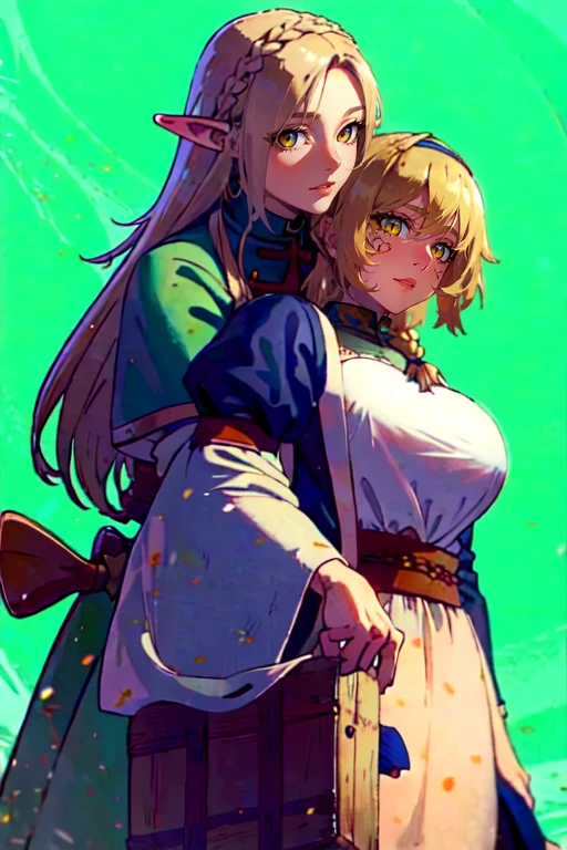 falin_thorden, falin_thorden_(tallman), marcille_donato, multiple girls, 2girls, elf, pointy ears, blonde hair, braid, green eyes, breast grab, large breasts, open mouth, grabbing from behind, robe, blush, book, long hair, holding, green background, simple background, long sleeves, dress, bangs, groping, wide sleeves, symbol-shaped pupils<lora:EMS-308231-EMS:1.000000>