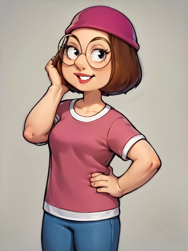 score_9_up,score_8_up,score_6,score_5,score_4, meg, 1girl, glasses,brown hair, solo, short hair, beanie, shirt, pink shirt, pants, round eyewear,looking at viewer, smile, toon \(style\),standing,simple background,hand on hip,asura_(asurauser) <lora:megSDLXpony:0.8>