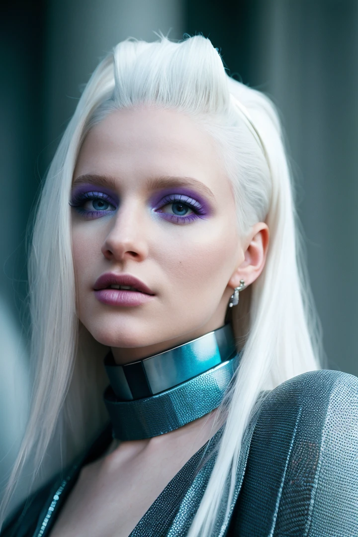 photo RAW,A beautiful albino female pop artist all pastel sleek futuristic outfit, with huge headpiece center piece, clean makeup, with depth of field, fantastical edgy and regal themed outfit, embodying the essence of fantasy,, exceptional shallow depth-of-field capabilities, atmospheric blur,vivid colors,, high quality textures of materials, volumetric textures, coating textures, metal textures, dusty atmospheric haze