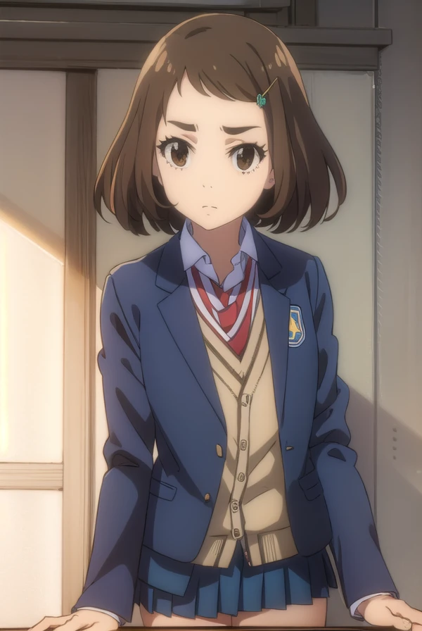 kanakoumoto, <lora:kana koumoto movie2-lora-nochekaiser:1>,
kana koumoto, short hair, brown hair, hair ornament, (brown eyes:1.5), hairclip,
BREAK skirt, school uniform, pleated skirt, necktie, miniskirt, cardigan, red necktie, brown cardigan, blazer, blue blazer,
BREAK indoors, classroom,
BREAK looking at viewer, (cowboy shot:1.5), dynamic pose,
BREAK <lyco:GoodHands-beta2:1>, (masterpiece:1.2), best quality, high resolution, unity 8k wallpaper, (illustration:0.8), (beautiful detailed eyes:1.6), extremely detailed face, perfect lighting, extremely detailed CG, (perfect hands, perfect anatomy),