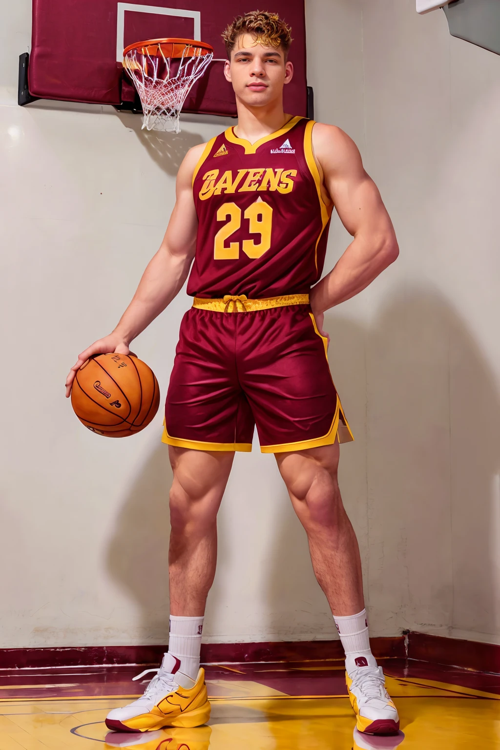 (basketball gym), basketball hoop, high ceiling, (OliverMarks) is a basketballplayer, basketball uniform, (maroon jersey:1.4) with gold trim, (maroon shorts:1.4) with gold trim, white socks, sneakers, (((full body portrait))), wide angle <lora:Clothing - Sexy Basketball Player:0.35> <lora:OliverMarks:0.8>