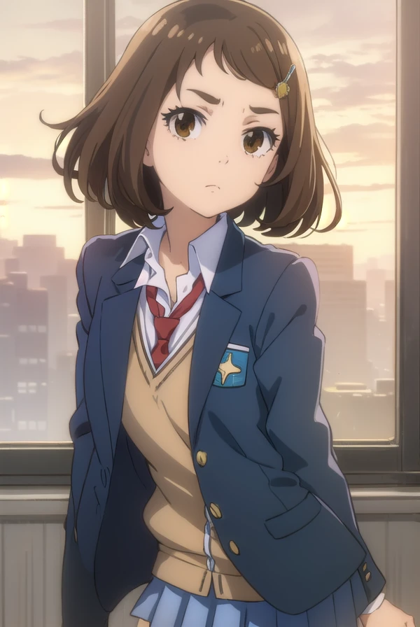 kanakoumoto, <lora:kana koumoto movie2-lora-nochekaiser:1>,
kana koumoto, short hair, brown hair, hair ornament, (brown eyes:1.5), hairclip,
BREAK skirt, school uniform, pleated skirt, necktie, miniskirt, cardigan, red necktie, brown cardigan, blazer, blue blazer,
BREAK indoors, classroom,
BREAK looking at viewer, (cowboy shot:1.5), dynamic pose,
BREAK <lyco:GoodHands-beta2:1>, (masterpiece:1.2), best quality, high resolution, unity 8k wallpaper, (illustration:0.8), (beautiful detailed eyes:1.6), extremely detailed face, perfect lighting, extremely detailed CG, (perfect hands, perfect anatomy),