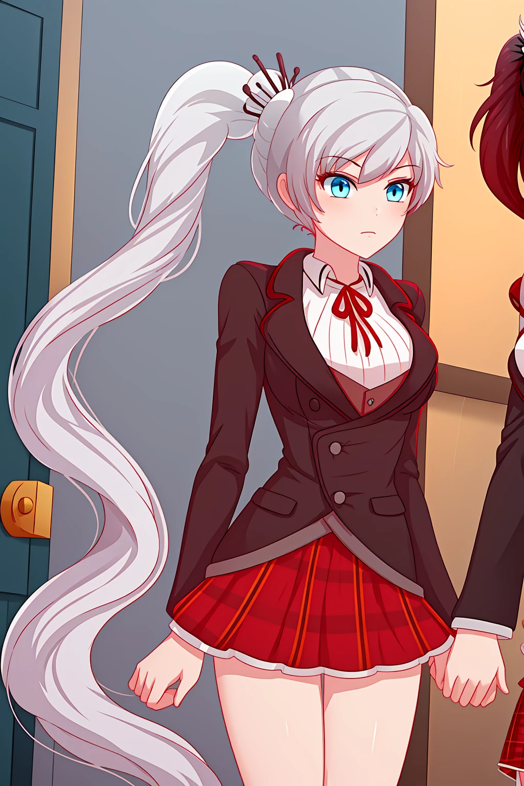 solo,<lora:BeaconFemUni-05:1> 1girl, beaconunif, plaid skirt,(weiss schnee from RWBY), (blue eyes), (white hair), (side ponytail), (medium breasts),