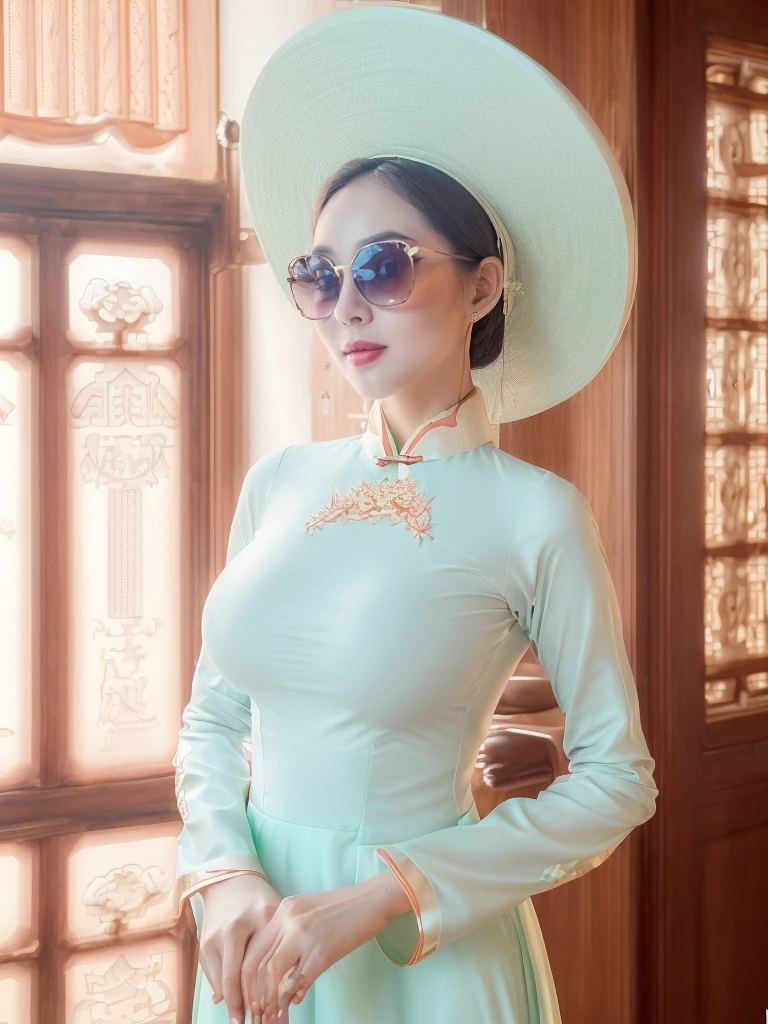 <lora:Vietnamese_disk_hat_SD15:0.8> half length, d1sk_h4t, awoman in a celadon ao dai, sunglasses, big breasts, white hat, drunk at a wedding