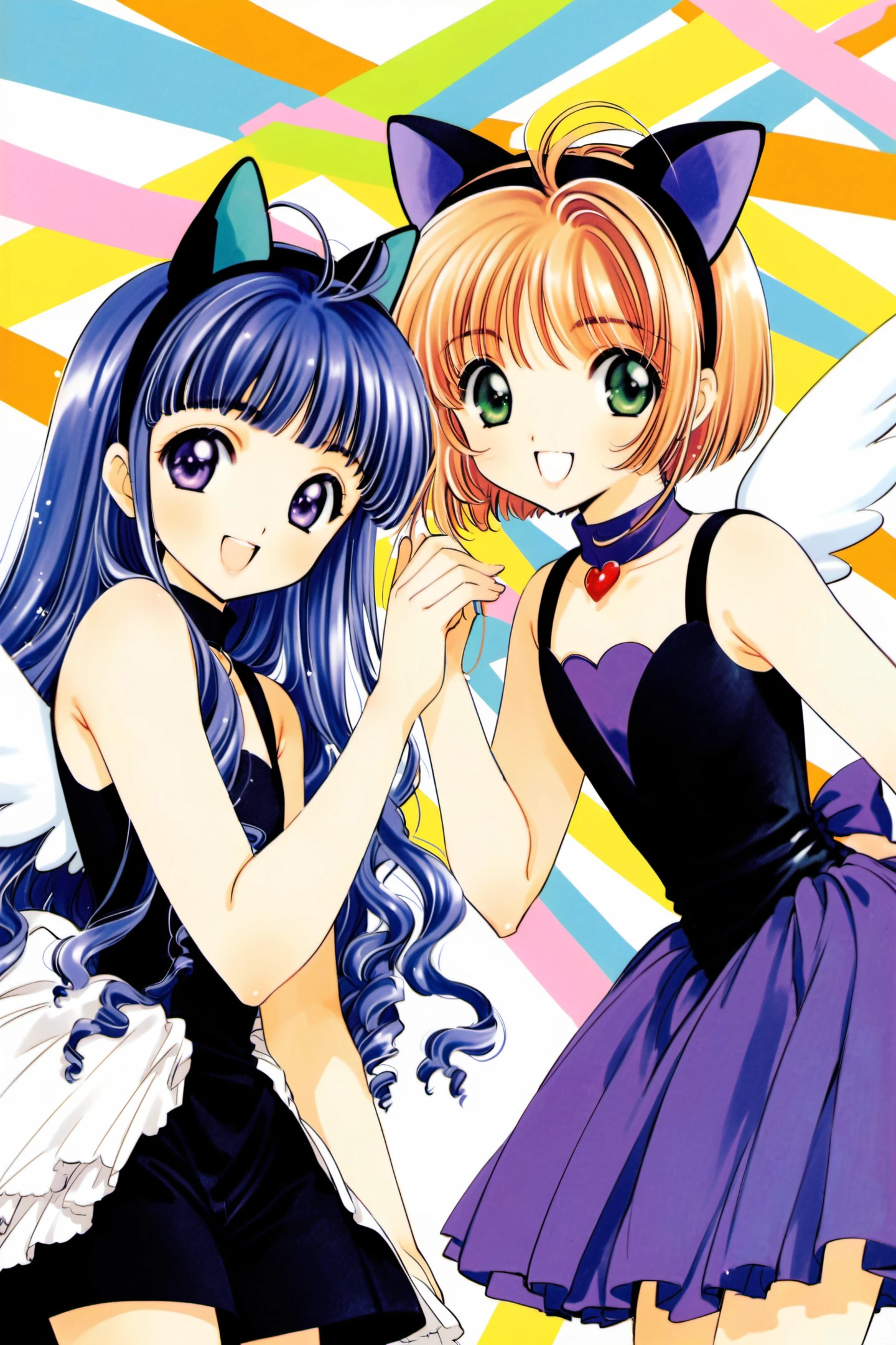 daidouji tomoyo, multiple girls, animal ears, 2girls, cat ears, kinomoto sakura, long hair, 1990s (style), smile, wavy hair, wings, bangs, green eyes, heart, white background, dress, retro artstyle, short hair, blunt bangs, looking at viewer, open mouth, holding hands, fake animal ears, brown hair, black dress, simple background, shorts, hairband, :d, sleeveless, cowboy shot, antenna hair, purple eyes, purple hair, white wings, bare shoulders, leaning forward, sleeveless dress, black shorts, short dress, standing, blue hair,<lora:Card Captor Sakura_XL:0.8>,