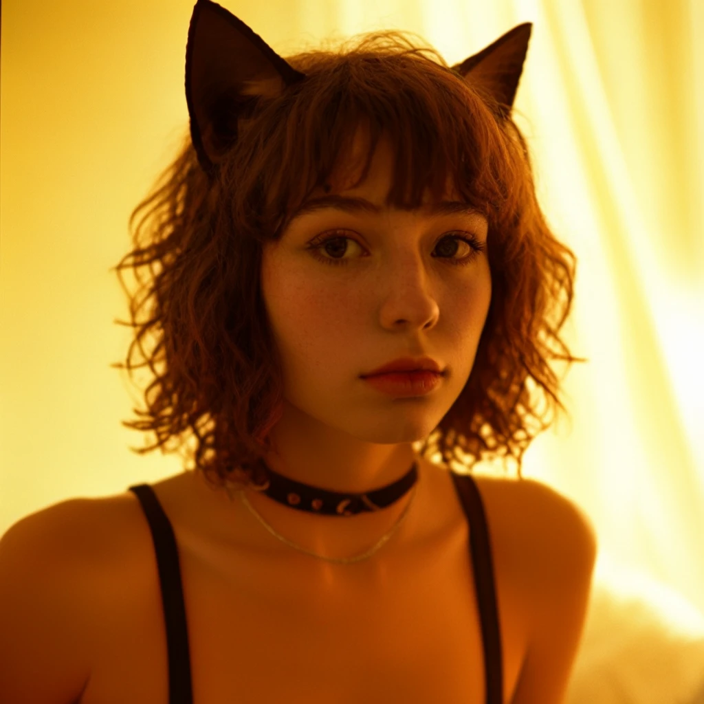 (analog photo:1.1), (a punk catgirl:1.15), (cat ears:1.1), brown short curly hair, (black t-shirt:1.15), (20 years old, young:1.2), petite, (pubic hair:1.1), choker, cream eyeliner, european, cozy bedroom, (neon glow, cyberpunk:1.2), waves, warm colors, (inviting expression:1.05), RAW Photograph, dslr, soft lighting, high quality, film grain, Fujifilm XT3, (nsfw:1.1), insane details, masterpiece, 8k, 35mm photograph, dslr, kodachrome, vignette, vintage, Kodachrome, Lomography, stained, highly detailed, found footage
