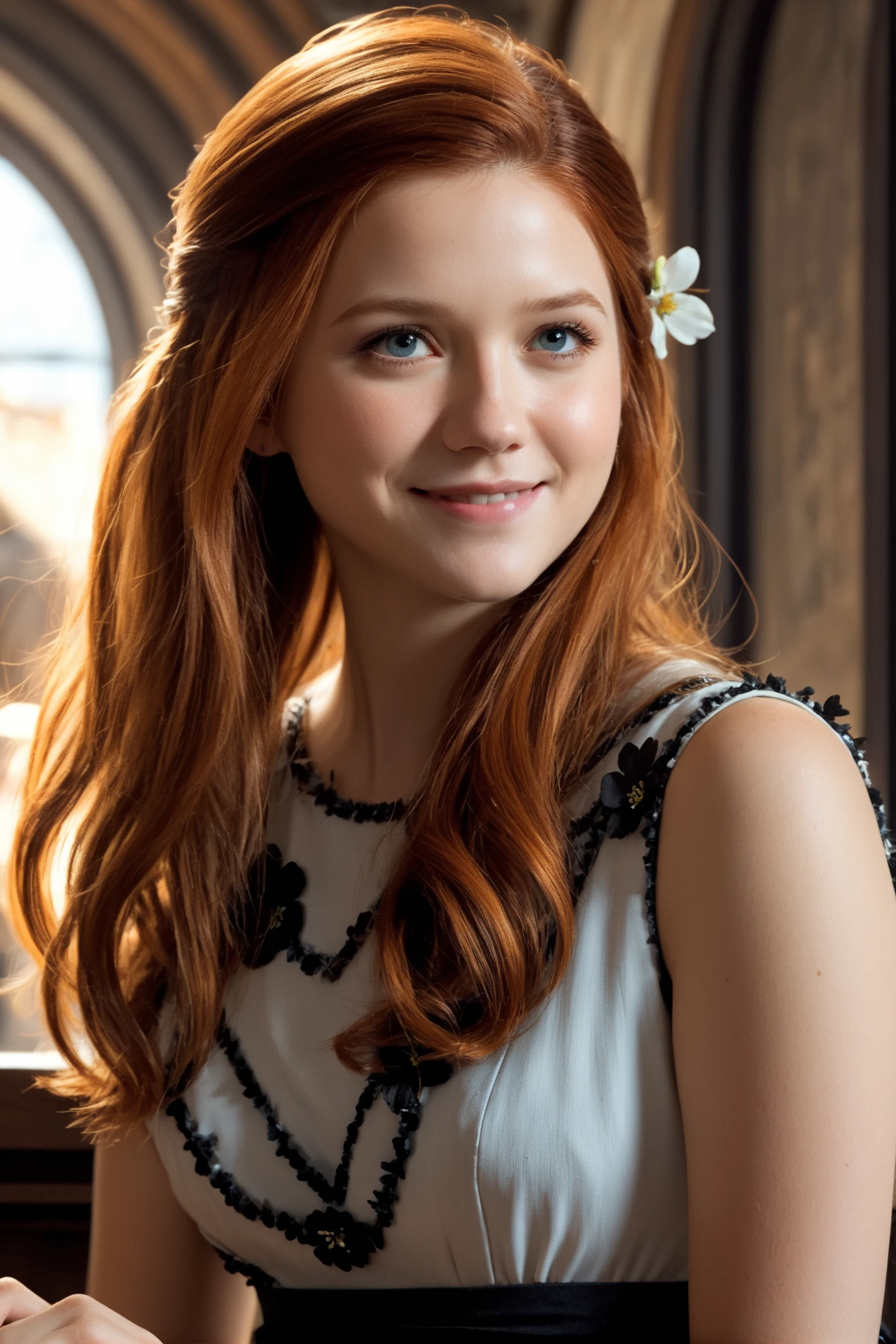 Ginny_Weasley, a woman wearing a dress with black flowers on it and a flower in her hair, fit laughing girl leaning forward, detailed cafe set-up, Perfect anatomy, hilarious smile, illustrative, painterly, highly detailed, graphic illustration, comic art, graphic novel art, vibrant, detailed character design, unreal engine,, cozy time, chill, in the style of Ben Boshau, Michael Garmash, Daniel F. Gerhartz, Clint Shirley, Carne Griffiths, Jean Baptiste Monge, shallow depth of field, ultra-high image quality, best result in the field of view, best result in areas of a very beautiful face, divine presence, cinematic quality, clear focus, studio photography, masterpiece, detailed, hdr, epic background, line art, digital illustration, comic style, dynamic, highly detailed, artstation, concept art, smooth, sharp focus, illustration, Thomas Moran style, art by Carne Griffiths and Wadim Kashin, detailed background, 60-30-10 color rule, warm tones, godrays, unreal engine, greg rutkowski, loish, rhads, beeple, makoto shinkai and lois van baarle, ilya kuvshinov, rossdraws, tom bagshaw, alphonse mucha, global illumination, detailed and intricate environment <lora:Ginny_Weasley:0.8>