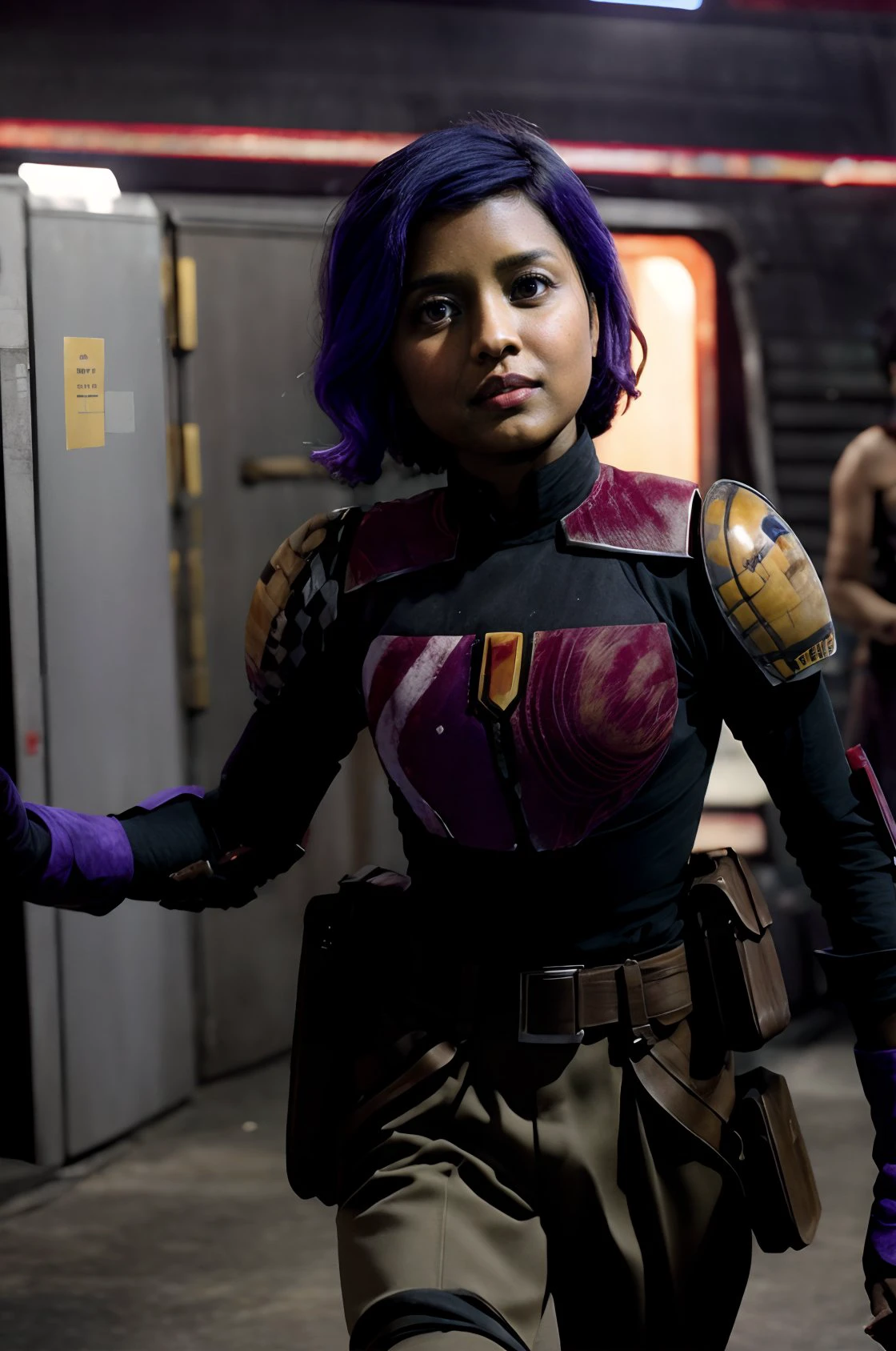 high quality photo of <lora:tiya_sircar:1> tiya_sircar <lora:skin_texture_v2:1>
dressed as <lora:SabineWren6:1> sabinewren, purple blue hair