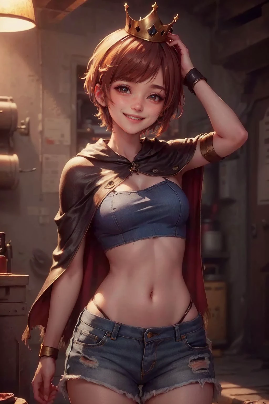 1girl, cute, st3llarlilly, smiling, short hair,cape, denim shorts, crown, (8k, RAW photo, best quality, masterpiece:1.2),ultra-detailed, (high detailed skin:1.2), 8k uhd, dslr, soft lighting, high quality,  <lora:Lilly_StellarBlade2:0.7>