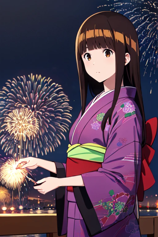 concept art 1girl, masterpiece, highres, best quality, <lora:MihoAzukiR4:0.7>, MihoAzukiR4, brown hair, brown eyes, bangs, blunt bangs, long hair, kimono, night, fireworks, . digital artwork, illustrative, painterly, matte painting, highly detailed