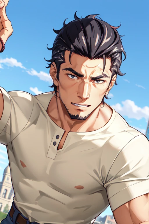 (1 image only), solo male, Kaburagi, Deca Dence, greying black hair, slicked back hair, thick eyebrows, sideburns, goatee, green eyes, scar, tucked-in wide necked short-sleeved white shirt, sleeves tucked up and buttoned, short sleeves, olive wide worker pants, black belt tied, brown boots. simpple leather bracelet, toned male, mature, handsome, charming, alluring, grin, (portrait, close-up), perfect anatomy, perfect proportions, best quality, masterpiece, high_resolution, dutch angle, outdoors, day, blue sky, science fiction, citadel on sky, photo background, (bare neck)<lora:EMS-309283-EMS:0.700000>, <lora:EMS-498-EMS:0.800000>