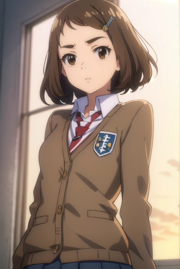 kanakoumoto, <lora:kana koumoto movie2-lora-nochekaiser:1>,
kana koumoto, short hair, brown hair, hair ornament, (brown eyes:1.5), hairclip,
BREAK skirt, school uniform, pleated skirt, necktie, miniskirt, cardigan, red necktie, brown cardigan, blazer, blue blazer,
BREAK indoors, classroom,
BREAK looking at viewer, (cowboy shot:1.5), dynamic pose,
BREAK <lyco:GoodHands-beta2:1>, (masterpiece:1.2), best quality, high resolution, unity 8k wallpaper, (illustration:0.8), (beautiful detailed eyes:1.6), extremely detailed face, perfect lighting, extremely detailed CG, (perfect hands, perfect anatomy),