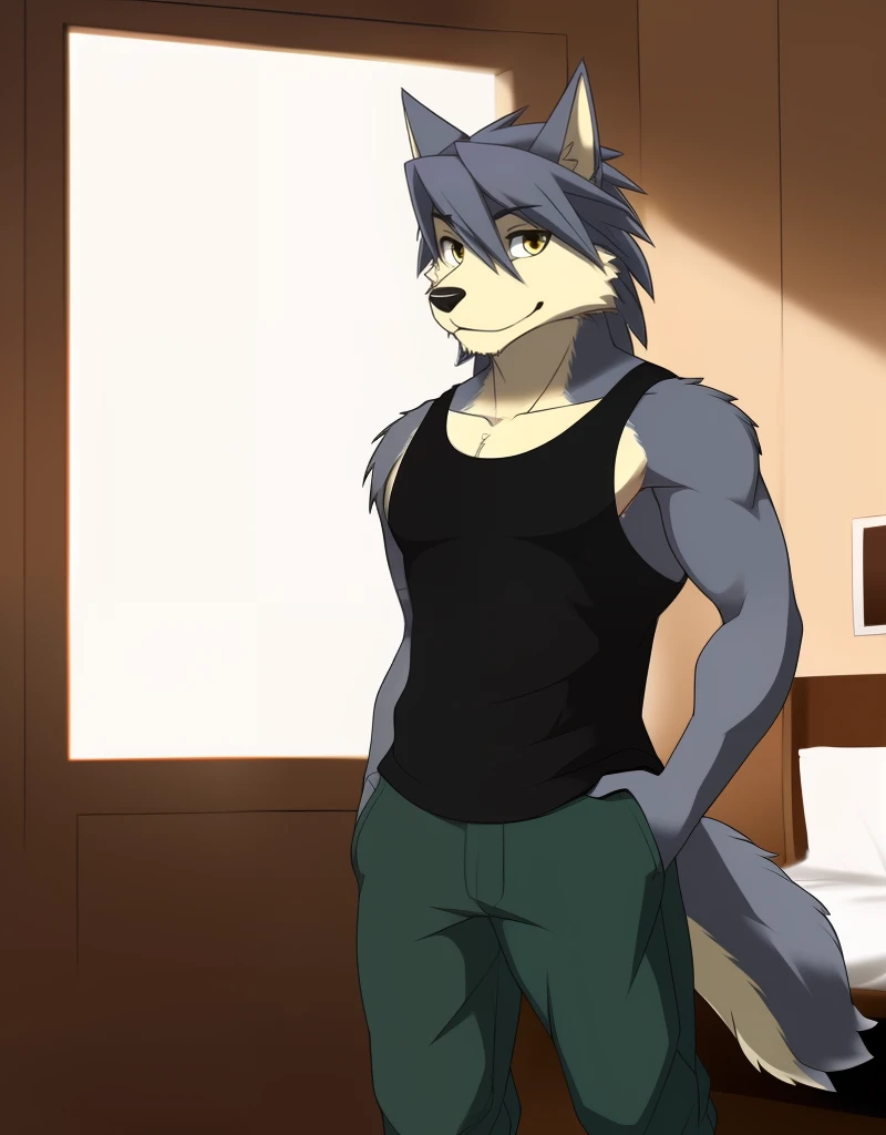 (((detailed eyes, detailed face))), (furry, kouya <lora:character_kouya_findigo_v1:0.9>, two-tone fur, grey hair, wolf boy, snout, yellow eyes), male, (solo), (plump), (black tank top, sleeveless, green pants), standing, (arms behind back), smile, (front view) BREAK (konzaburou, ukan_muri, cute), bedroom, (flat shading, high brightness), 8k, UHD, masterpiece, (full body)