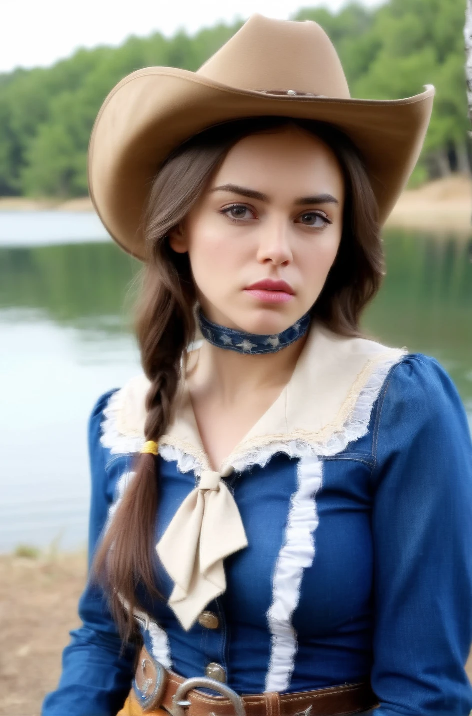 tv_Irina_Wilson_MXAI_V1, doubtful expression, pensive expression, ((wearing cowgirl costume )), by the lakeside (((relaxed))), "epic-Ultra-HD-details", "epic-Ultra-HD-highlights", PA7_Human-Likeness, PA7_Portrait-FL