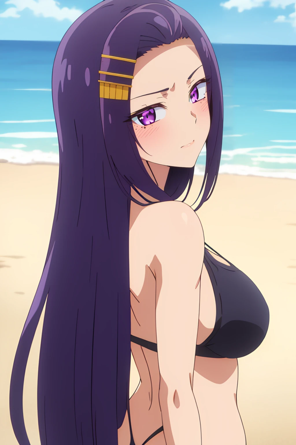 <lora:Sayuri Akino:0.8> sayuri akino, purple_hair, long_hair, purple_eyes, hair_ornament, blush, hairclip, 1girl, solo, mole_under_eye, looking_at_viewer,  beach, black bikini, medium breasts, from behind, looking back, wink, best_quality, highres, extremely_detailed, anime perfect detailed style, 8k, masterpiece, anime art style, anime coloring,