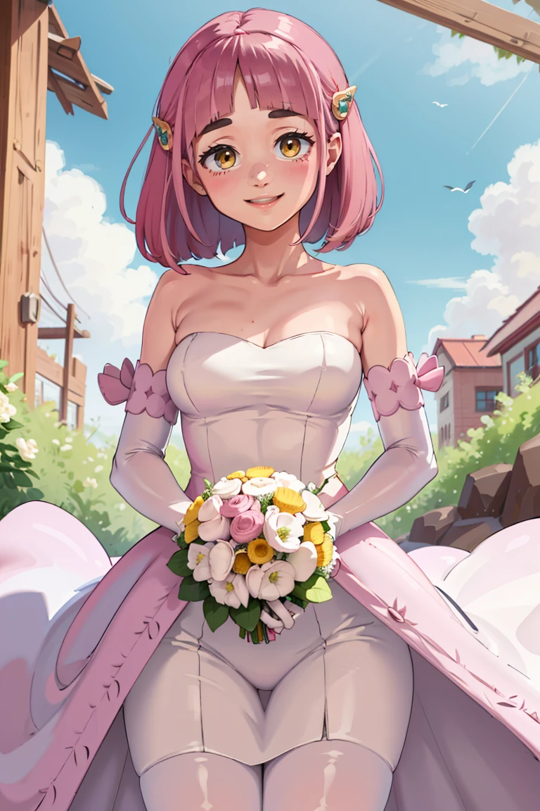 ((masterpiece,best quality)), absurdres, <lora:Lacey_Pokemon:0.8>, Lacey_Pokemon,  short hair, pink hair, yellow eyes, hairclips, solo, smiling, looking at viewer, cowboy shot,  bride, wedding dress, bridal veil, strapless dress, elbow gloves,  holding bouquet,