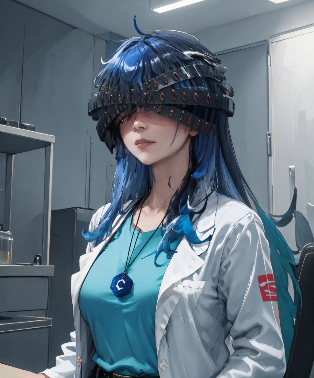 angel_mask,civitai-chan,(blue hair:1.2),long hair,labcoat,shirt,shirt tucked in,single vertical stripe,black skirt,pencil skirt,pantyhose,necklace,belt,upper body,solo,<lora:angel_mask-10:1>,<lora:gijinkaseries_civitai-18:0.8>,