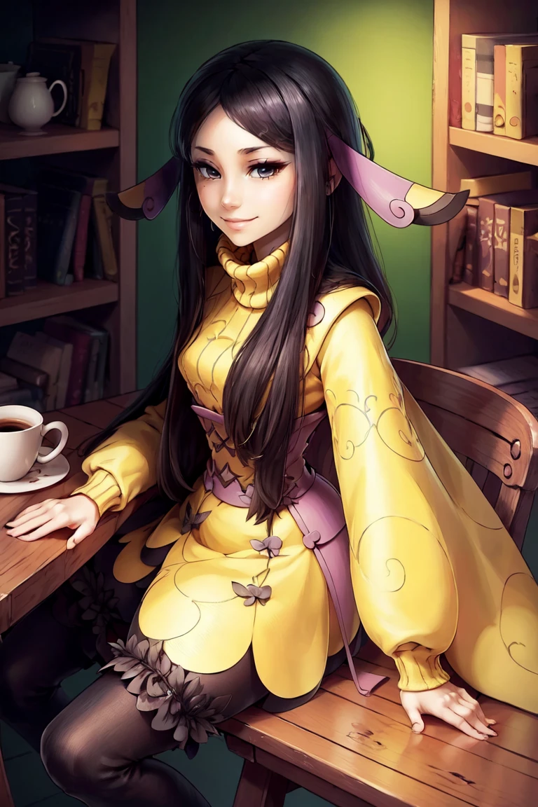 ((masterpiece, best quality)), anime style, <lora:more_details:0.5>, <lora:Valerie_Pokemon_v2:0.8>, valerie (pokemon),  long hair, black hair, black eyes, parted bangs, eyeshadow, hair ornament, solo, smile, looking at viewer, cowboy shot,,  turtleneck sweater, earrings, library, cup of coffee, sitting at table