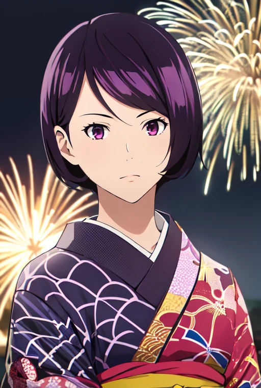 concept art <lora:AikoIwaseR4:0.8>, AikoIwaseR4, 1girl, short hair, purple eyes, purple hair, masterpiece, highres, best quality, absurdres, fireworks, kimono, bangs . digital artwork, illustrative, painterly, matte painting, highly detailed