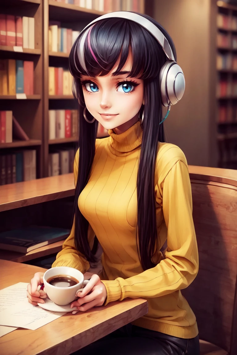 ((masterpiece, best quality)), anime style, <lora:more_details:0.5>, <lora:Elesa_Pokemon_v2:0.8>, elesa (pokemon), black hair, streaked hair, long sidelocks, blunt bangs, solo, smile, looking at viewer, cowboy shot,,  turtleneck sweater, earrings, library, cup of coffee, sitting at table