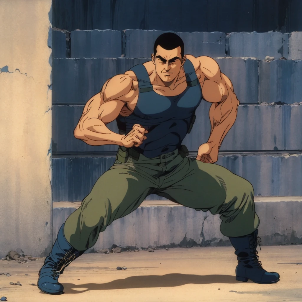 <lora:FuzeYuji001:0.7>,
retro artstyle,1980s (style),
FuzeYuji,1man,black hair,buzz cut,thick eyebrows,closed eyes,
tank_top,bulletproof vest,
pants,boots,
full body,fighting_stance,