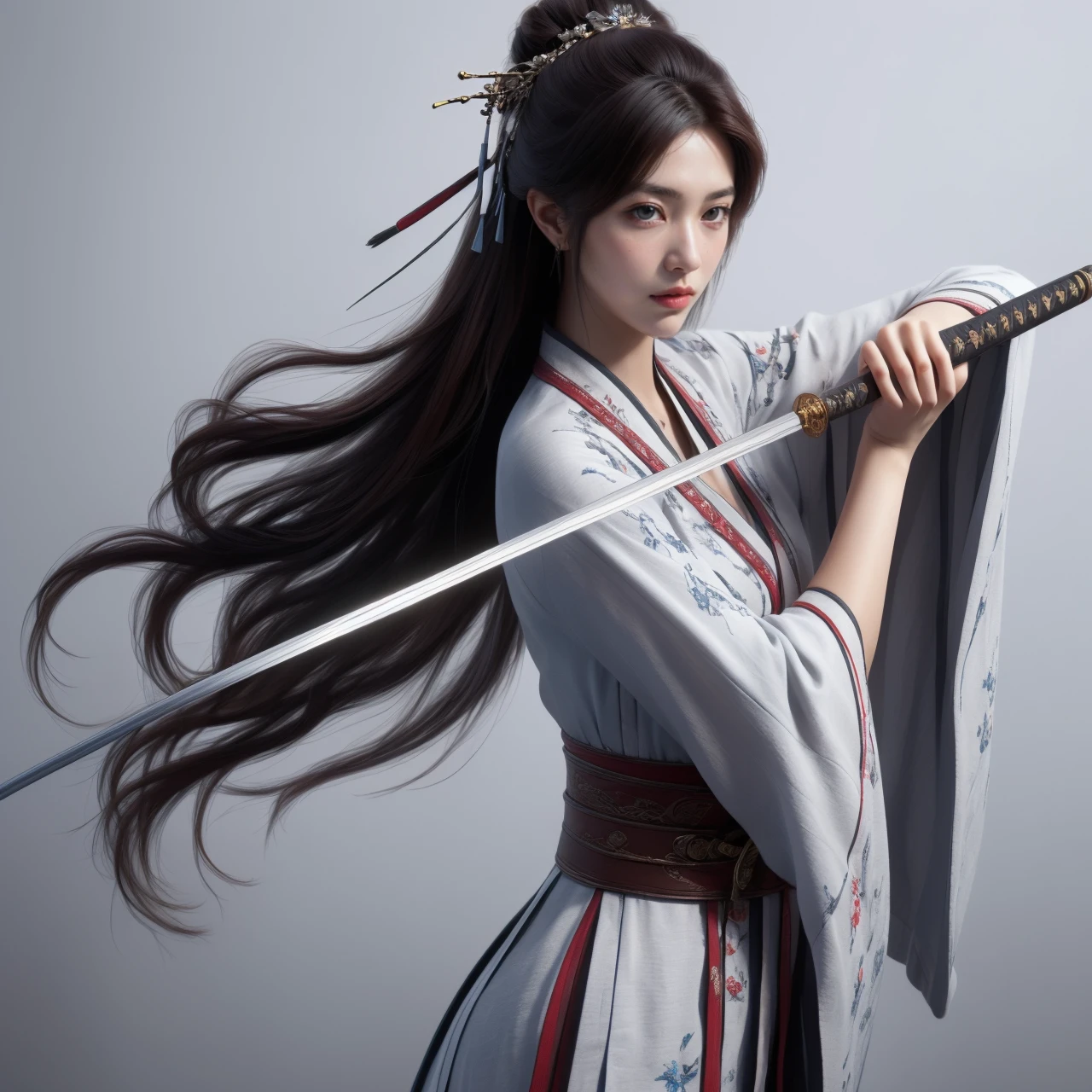 nvjianke,1girl,weapon,solo,sword,holding,long hair,holding weapon,holding sword,hair ornament,earrings,jewelry,black background,sash,realistic,wide sleeves,brown hair,brown eyes,long sleeves,simple background,looking away,looking to the side,chinese clothes,closed mouth,lips,bangs,hanfu,hair stick,katana,
Best quality,masterpiece,ultra high res,<lora:20240301-1709278215417-0020:0.7>,