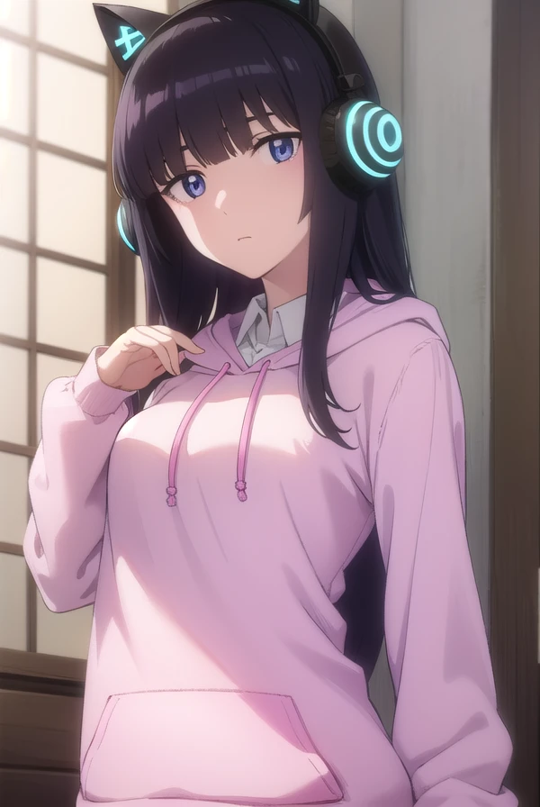 hidomihibajiri, <lora:hidomi hibajiri movie1-lora-nochekaiser:1>,
hidomi hibajiri, long hair, bangs, black hair, (purple eyes:1.1), blunt bangs,
BREAK shirt, animal ears, white shirt, collared shirt, hood, hoodie, fake animal ears, headphones, hood down, animal ear headphones, cat ear headphones, pink hoodie,
BREAK indoors,
BREAK looking at viewer, (cowboy shot:1.5), dynamic pose,
BREAK <lyco:GoodHands-beta2:1>, (masterpiece:1.2), best quality, high resolution, unity 8k wallpaper, (illustration:0.8), (beautiful detailed eyes:1.6), extremely detailed face, perfect lighting, extremely detailed CG, (perfect hands, perfect anatomy),