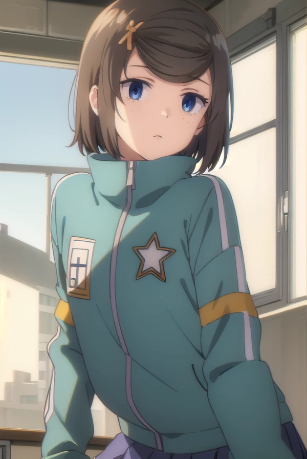 tomomihetada, <lora:tomomi hetada movie2-lora-nochekaiser:1>,
tomomi hetada, short hair, blue eyes, brown hair, hair ornament, hairclip, (swept bangs:1.5), freckles, 
BREAK jacket, track jacket, skirt, blue skirt, pleated skirt,
BREAK indoors, classroom,
BREAK looking at viewer, (cowboy shot:1.5), dynamic pose,
BREAK <lyco:GoodHands-beta2:1>, (masterpiece:1.2), best quality, high resolution, unity 8k wallpaper, (illustration:0.8), (beautiful detailed eyes:1.6), extremely detailed face, perfect lighting, extremely detailed CG, (perfect hands, perfect anatomy),