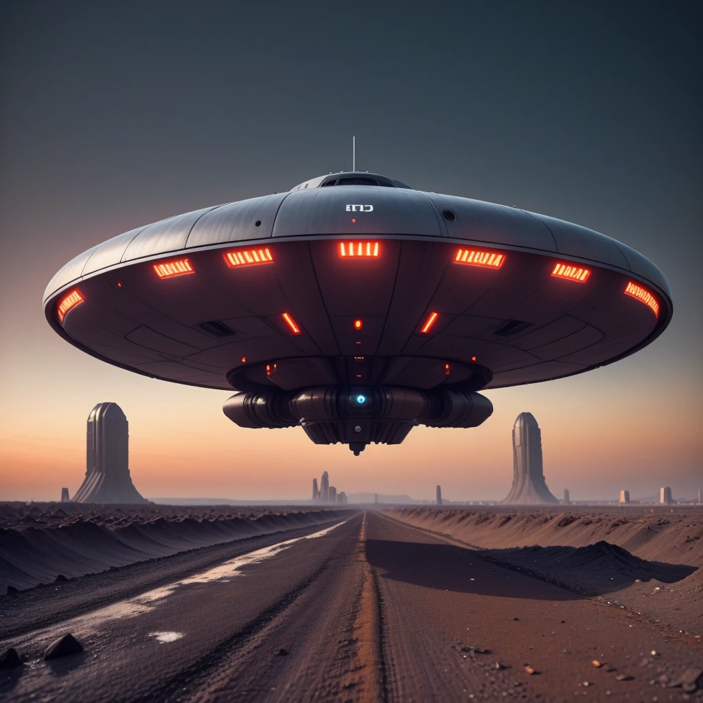 photo focus on ufo  <lora:UFOMaker_SD:1> raw, spaceship|spaceship:ufo, on ground , plasma engines, (cyberpunk ruined city:1.1), after rain, sunrise, cinematic  blue atmosphere dark morning, red orange theme
, film, professional, 4k, highly detailed