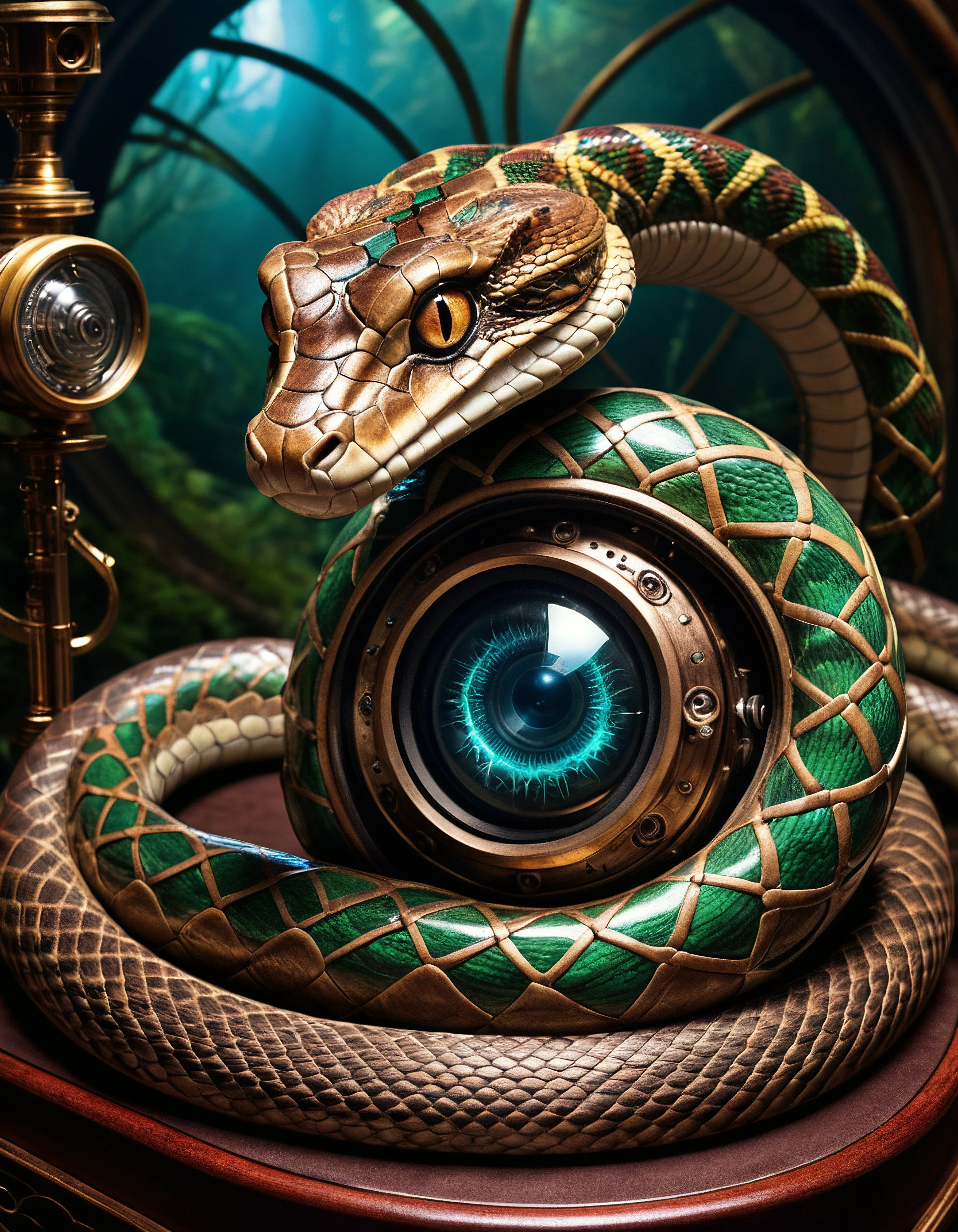 award winning photograph of a dvr-stnd serpent with hypnotic gaze in wonderland, magical, whimsical, fantasy art concept, steampunk, intricate details, best quality, masterpiece, ultra shartp, hyper realistic, realism