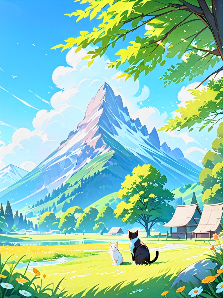 masterpiece, best quality, masterpiece, best quality, illustration, flower, outdoors, sky, day, cloud, tree, blue_sky, 1girl, cat, grass, nature, scenery, mountain, animal_focus