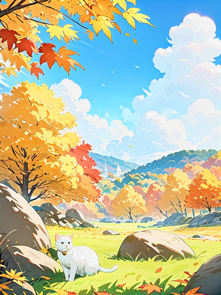 masterpiece, best quality,solo, outdoors, sky, day, cloud, tree, blue sky, no humans, bell, animal, leaf, cat, grass, scenery, neck bell, rock, autumn leaves, animal focus, autumn, white cat