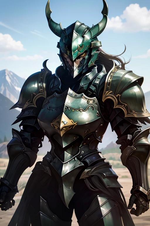 <lora:Hxarmour_005:0.7>,Striking a pose after emerging from a time machine.,hxarmour,1girl,(Viridian green armour:1.3),mountain,