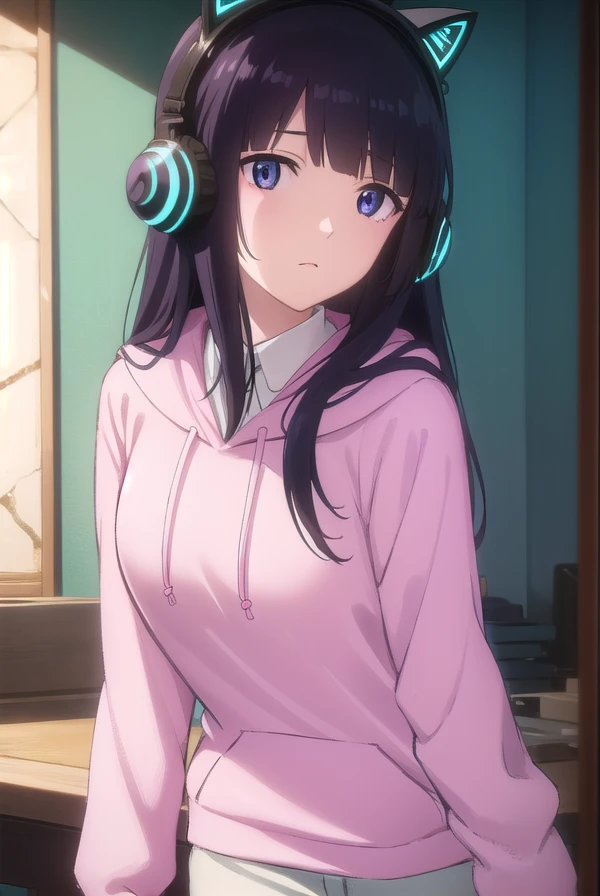 hidomihibajiri, <lora:hidomi hibajiri movie1-lora-nochekaiser:1>,
hidomi hibajiri, long hair, bangs, black hair, (purple eyes:1.1), blunt bangs,
BREAK shirt, animal ears, white shirt, collared shirt, hood, hoodie, fake animal ears, headphones, hood down, animal ear headphones, cat ear headphones, pink hoodie,
BREAK indoors,
BREAK looking at viewer, (cowboy shot:1.5), dynamic pose,
BREAK <lyco:GoodHands-beta2:1>, (masterpiece:1.2), best quality, high resolution, unity 8k wallpaper, (illustration:0.8), (beautiful detailed eyes:1.6), extremely detailed face, perfect lighting, extremely detailed CG, (perfect hands, perfect anatomy),