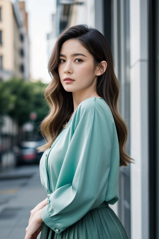 HWGIRL,masterpiece,ultra realistic,32k,extremely detailed CG unity 8k wallpaper, best quality,(spring day ),lady ,necklace ,eardrop, Patagonia, Argentina and Chile, ( electric green Wear a pleated midi skirt with a tucked-in blouse ) , two-tone hair hair Half-up half-down ,,<lora:Hwgirl_V020:0.9>,