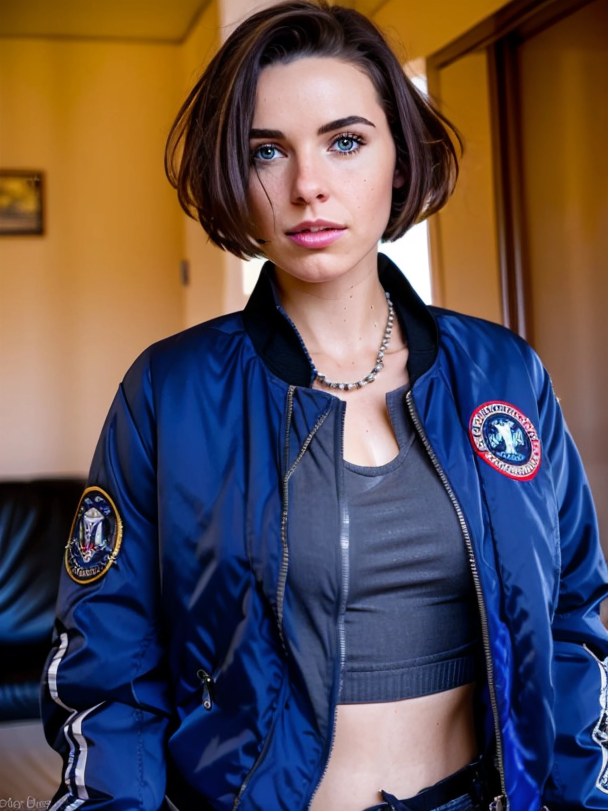 cinematic photograph of a cute college Trac3y, short hair, winged eyeliner, bomber jacket