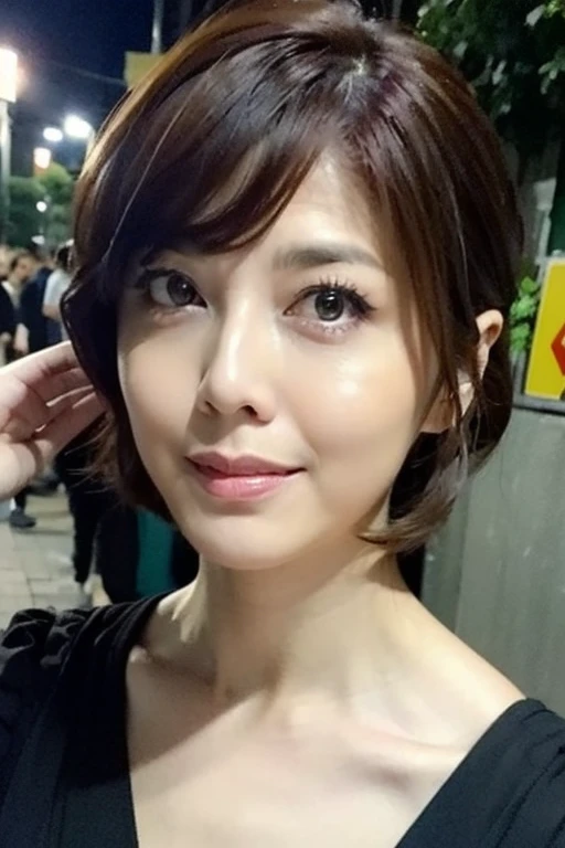 Best quality,masterpiece,ultra high res,(photorealistic:1.2),1girl,low key,slim body,taipei street alley,dynamic pose,face closeup,<lora:angel_han:0.9>,brown hair,short hair,