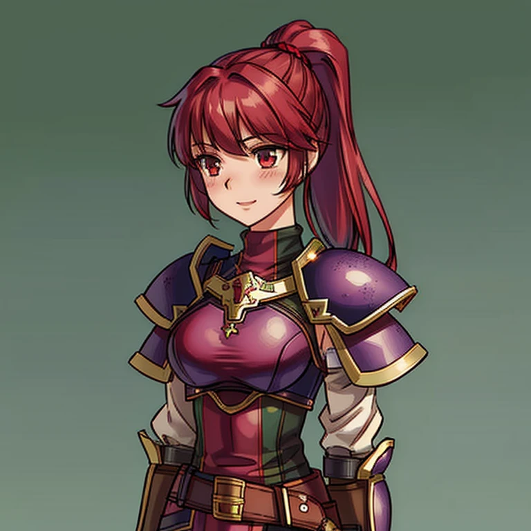 FireEmblem, (Simple background, green background:1.3), 1girl, solo, armor, ponytail, red hair, long hair, belt, breastplate, gloves, pauldrons, smile, shoulder armor, purple eyes, red armor, red eyes, very long hair, shoulder pads, high ponytail, upper body, buckle, pink hair, brown gloves, bangs, knight, closed mouth, standing, turtleneck, bodysuit, looking at viewer, fantasy, armored dress, hair ornament, parted bangs, faulds, light smile, full armor, gauntlets, belt buckle, looking away, sidelocks, arms at sides, brown belt, elbow pads, vambraces, jewelry, hair tie, boobplate, cowboy shot, long sleeves, breasts, looking to the side, strap, leather, parted lips, expressionless, blush