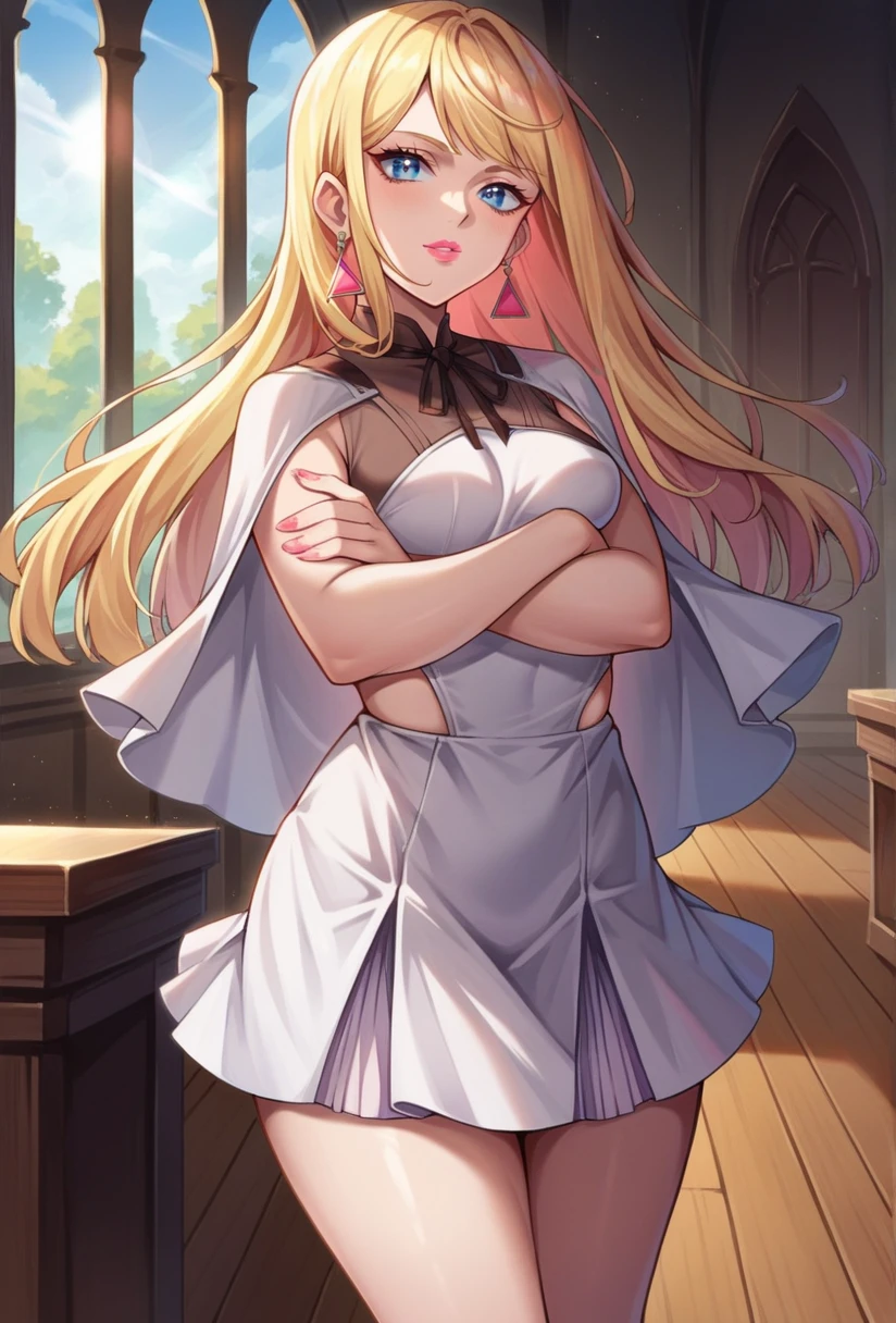 score_9, score_8_up, score_7_up, source_anime BREAK 1girl, solo, looking at viewer, cowboy shot, <lora:Gigi_Andalucia_Sdxl-12:1>, blonde hair, long hair, blue eyes, earrings, triangle earrings, jewelry, white dress, white capelet, white skirt, medium skirt, ribbon, wide hips, medium breasts, high heels, no socks, pink lips, nail polish, pink nails, indoors, sunlight, church, wooden floor, desk, from behind, crossed arms,