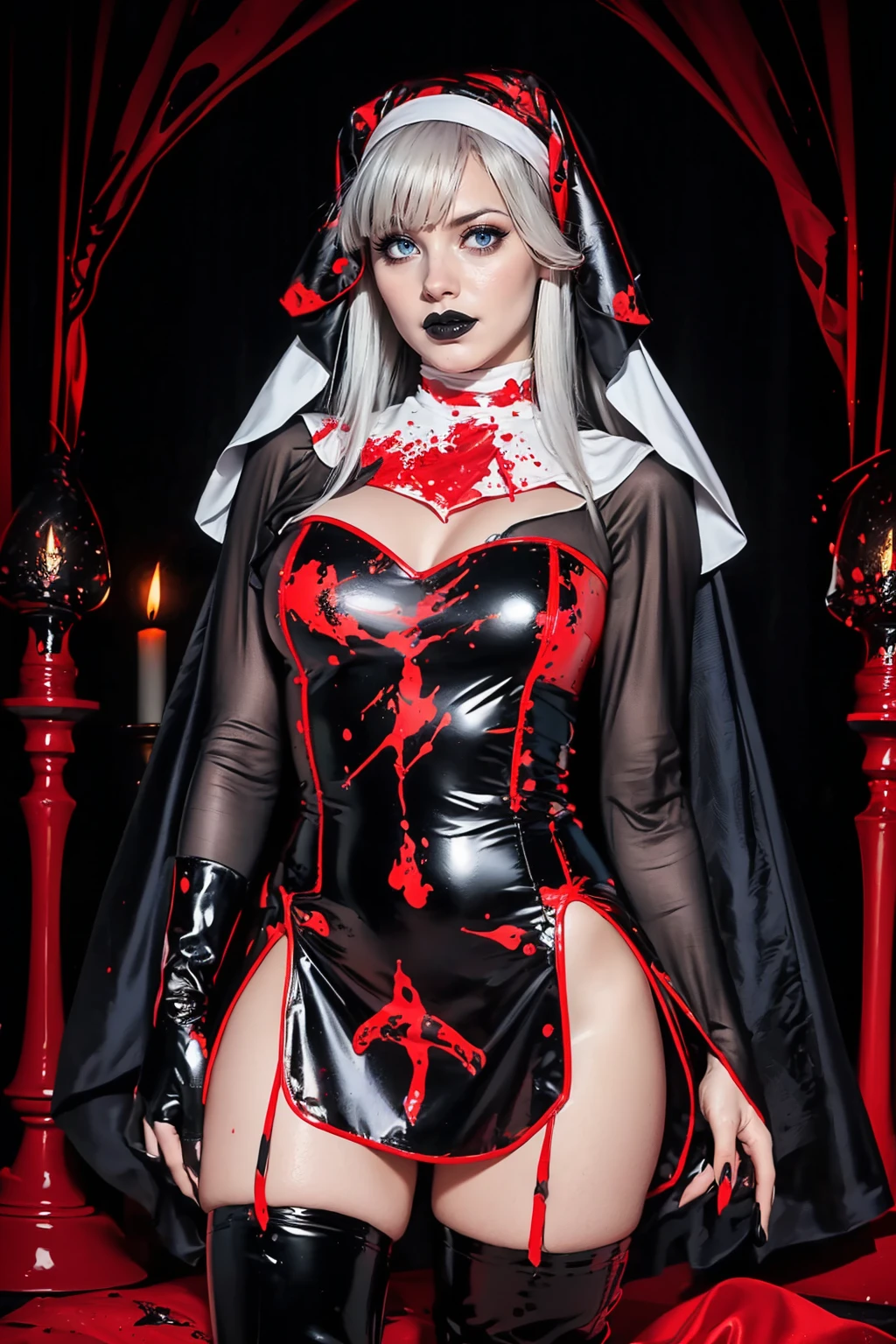 sexy woman, adult, tall, smirk, (long white hair with bangs:1.2), tmtc_3, black and red latex short dress, nun, habit, blood splatters, pelvic curtain, latex, full body, boots, makeup, lipstick, false eyelashes, <lora:tmtc_3-08:0.77>, (Crimson Candlelight Flicker, Eerie, glowing, lair, sinister, by Gustave Doré:1.3),