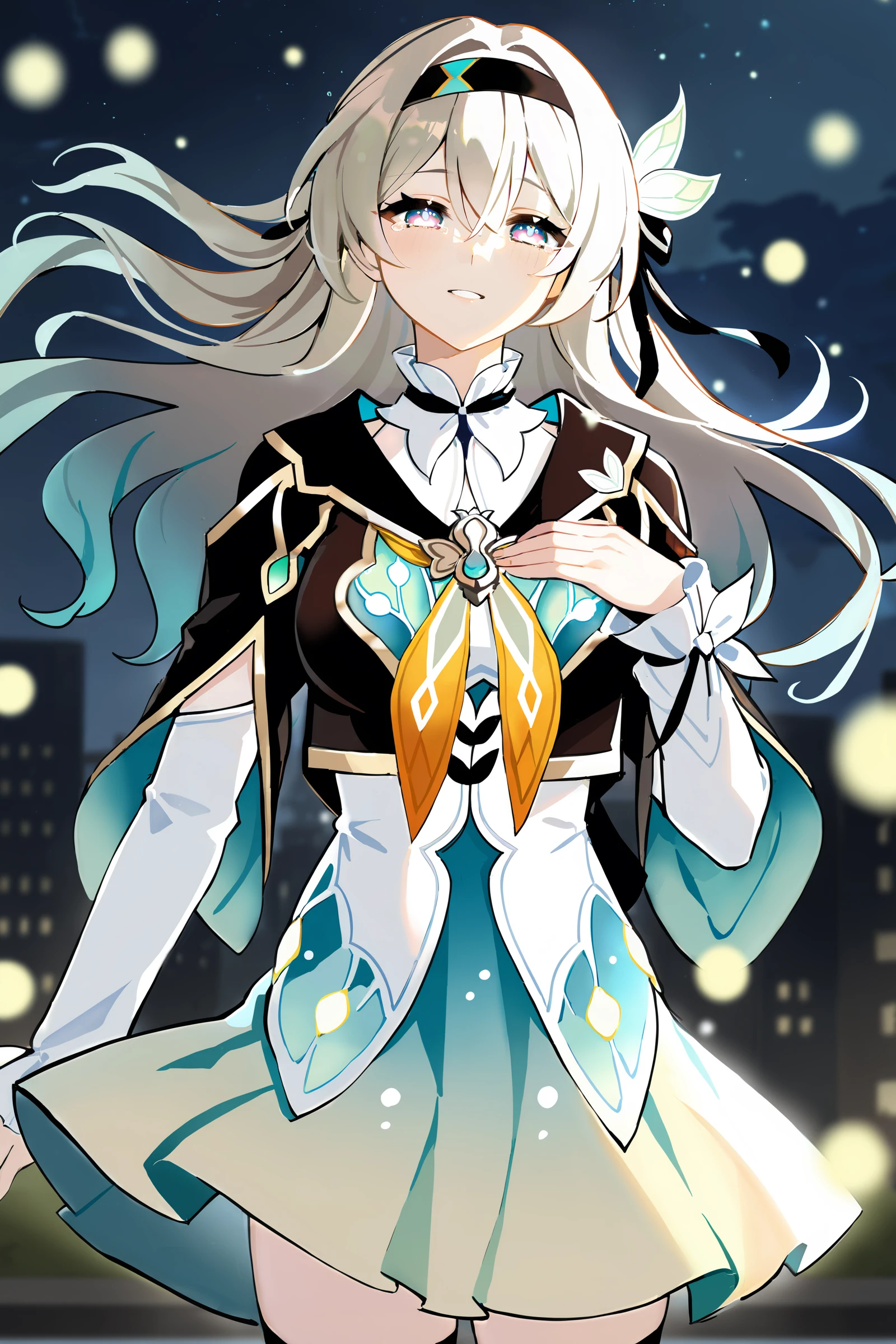 1girl, firefly \(honkai: star rail\), solo, black thighhighs, hairband, gradient skirt, hair ornament, blouse, frilled collar, cropped jacket, yellow neckerchief, cowboy shot, standing, floating hair, depth of field, hand on own chest, crying with eyes open, light smile, bokeh, fireflies, night , masterpiece, best quality, high quality, highres, ultra-detailed, <lora:Char-HonkaiSR-Firefly-XL-V1:0.9>