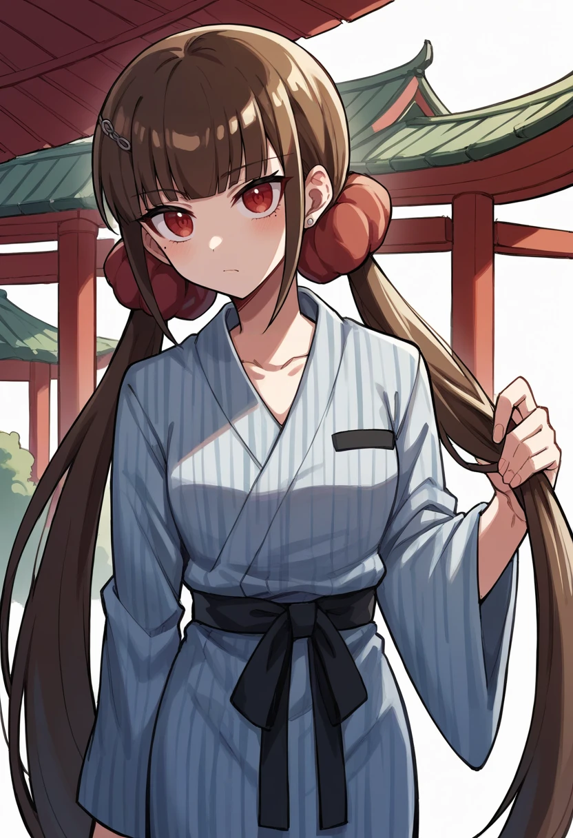 score_9, score_8_up, score_7_up, source_anime BREAK Harumaki, 1girl, low twintails, red eyes, brown hair, red scrunchie, mole under eye, hairclip, yukata, wagashi, east asian architecture, <lora:MakiTPonyXL-000009:1>