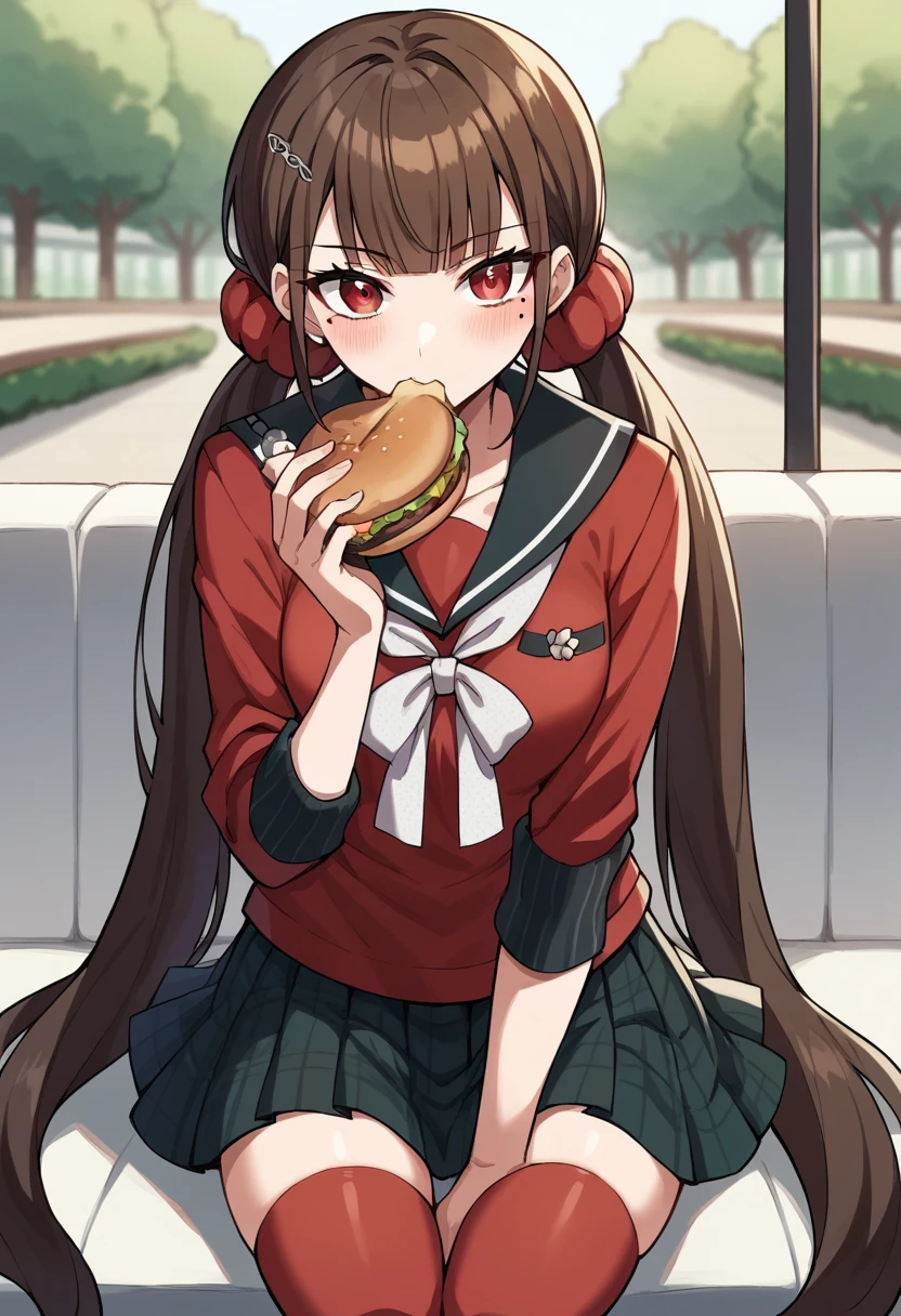 score_9, score_8_up, score_7_up, source_anime BREAK Harumaki, 1girl, low twintails, red eyes, brown hair, red scrunchie, mole under eye, hairclip, red shirt, brooch, pleated skirt, white bow, red thighhighs, cafe, eating burger, <lora:MakiTPonyXL-000009:1>