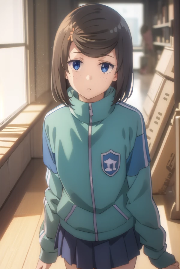 tomomihetada, <lora:tomomi hetada movie2-lora-nochekaiser:1>,
tomomi hetada, short hair, blue eyes, brown hair, hair ornament, hairclip, (swept bangs:1.5), freckles, 
BREAK jacket, track jacket, skirt, blue skirt, pleated skirt,
BREAK indoors, classroom,
BREAK looking at viewer, (cowboy shot:1.5), dynamic pose,
BREAK <lyco:GoodHands-beta2:1>, (masterpiece:1.2), best quality, high resolution, unity 8k wallpaper, (illustration:0.8), (beautiful detailed eyes:1.6), extremely detailed face, perfect lighting, extremely detailed CG, (perfect hands, perfect anatomy),